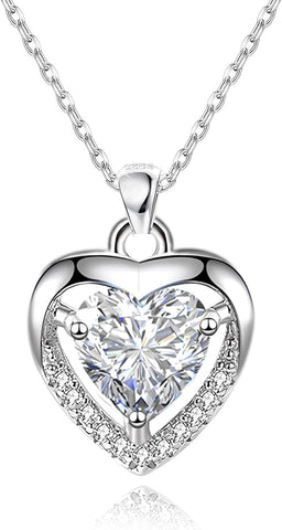 Heart Necklace, 925 Sterling Silver Chain with Crystal Heart for Women