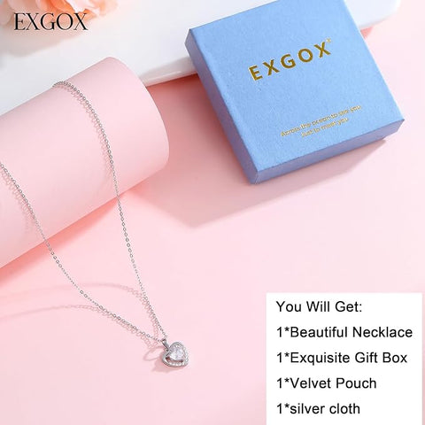 Heart Necklace, 925 Sterling Silver Chain with Crystal Heart for Women