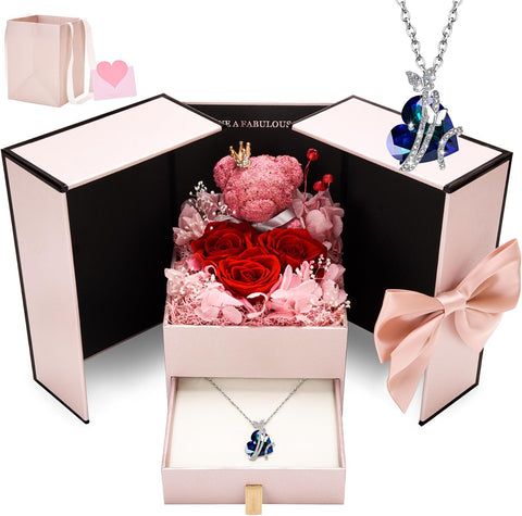 ADDWel Romantic Preserved Roses & Sterling Silver Necklace Gift Set for Her luxora jewellery