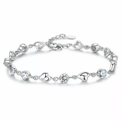 Silver Crystal Stone Heart Linked Charm Bracelet Women Jewellery UK