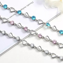Crystal Stone Heart Linked Charm Bracelet Women
