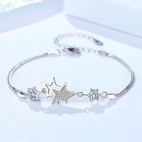 Silver Double Layer Star Linked Charm Bracelet Women