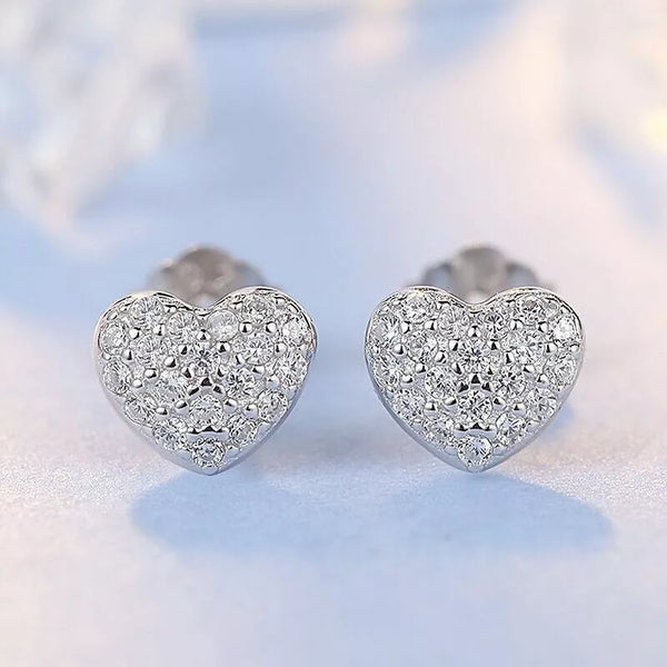 Silver Crystal Heart Stud Earrings Jewellery Women Girls